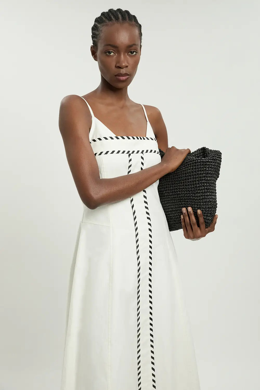 Tailored Linen Blend Contrast Stitch Midi Dress | Karen Millen