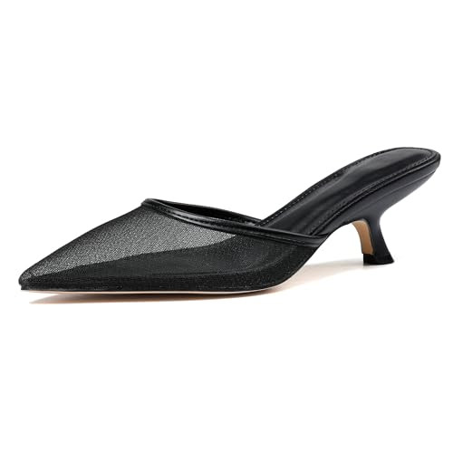 INSMIA Kitten Heels Women Summer Mesh Mules Black Heels Open Toe Pointed Toe Low Kitten Trendy Sexy Vintage Backless Slingback Closed Toe Pumps Shoes | Amazon (US)