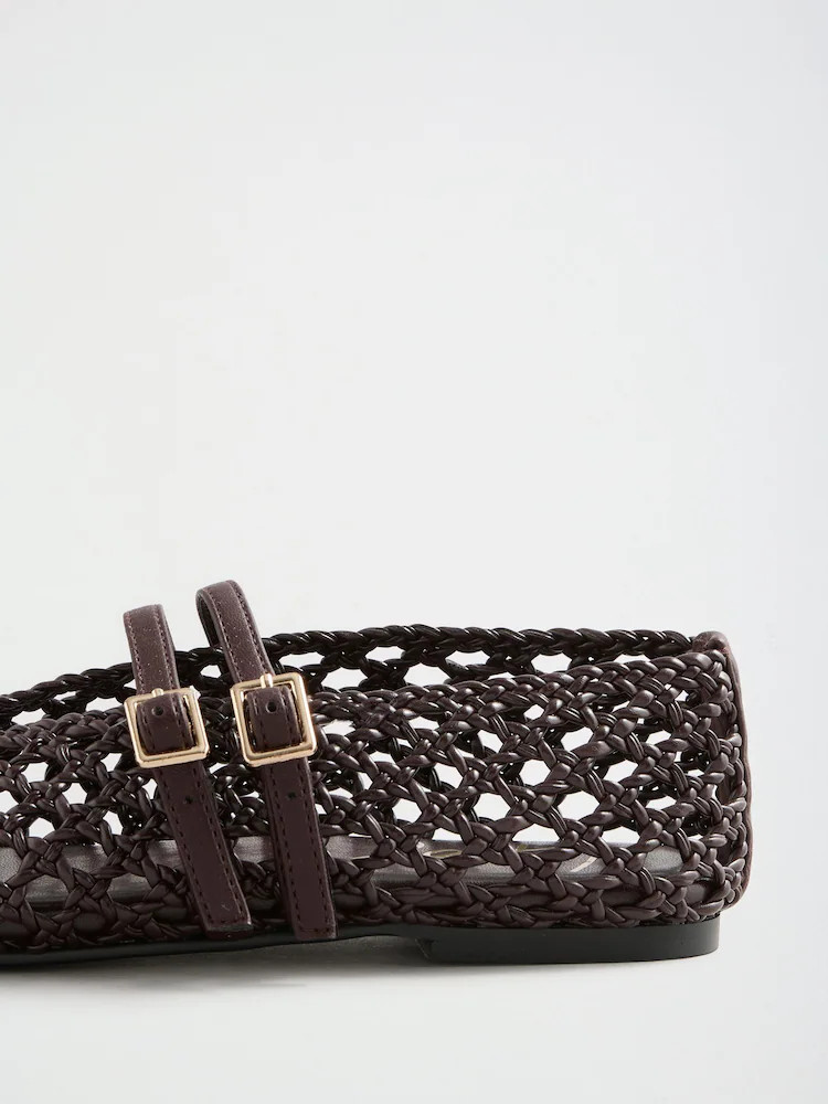 Lipsy Chocolate Brown Faux Leather Weave Double Strap Mary Jane Ballerinas | Next US