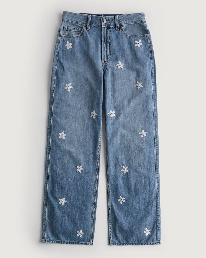 Women's Ultra High-Rise Medium Wash Floral Embroidery Baggy Jeans | Women's New Arrivals | Hollis... | Hollister (US)