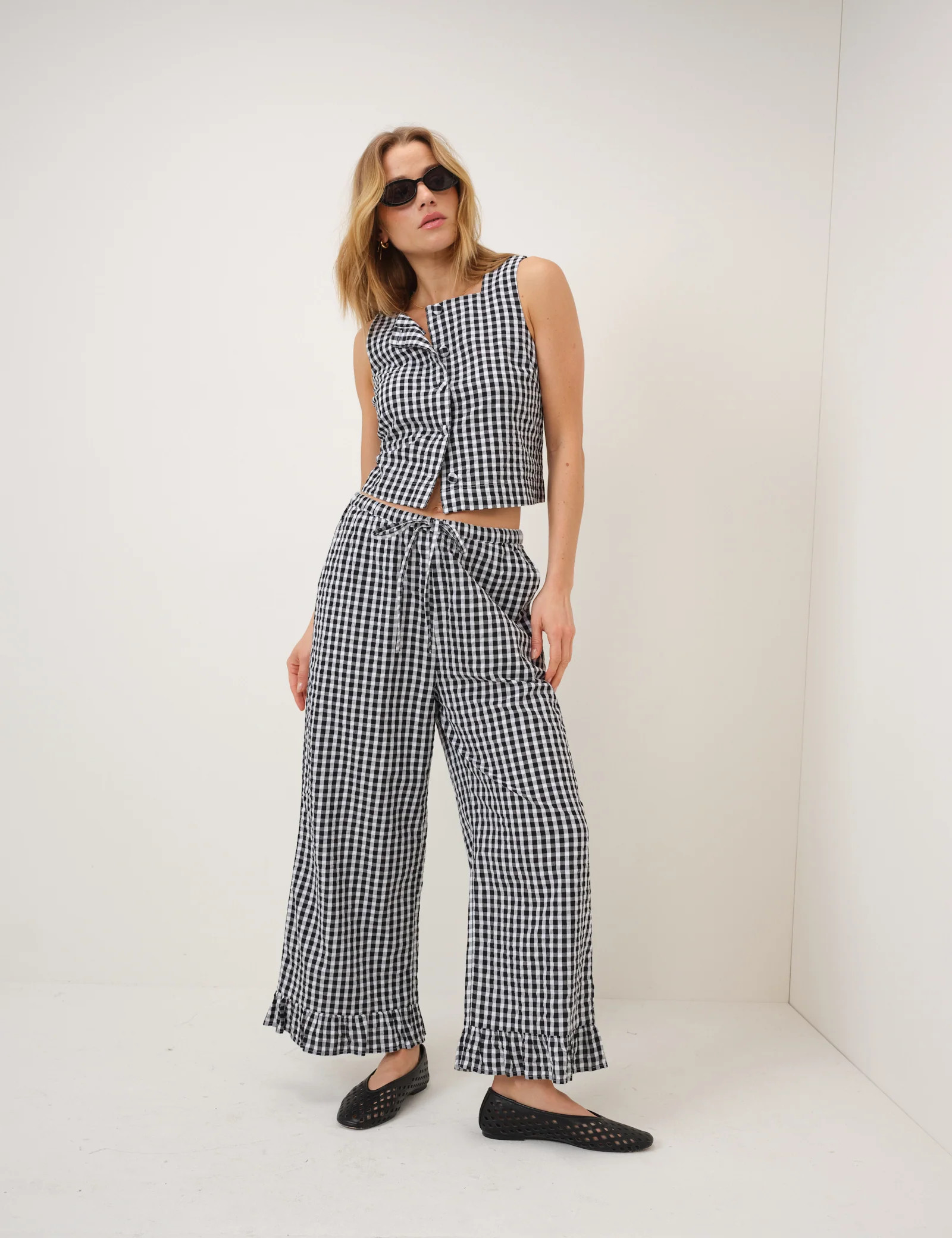 Black Gingham Wide Leg Trousers | Nobody's Child