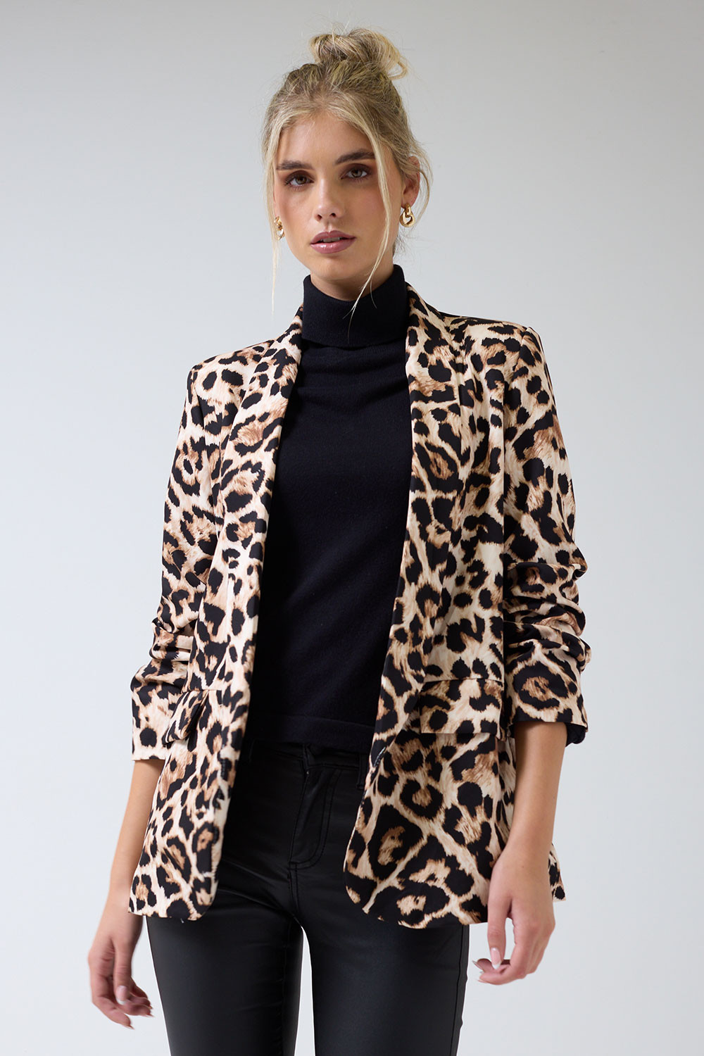 Chantel Leopard Print Ruched Sleeve Blazer in Beige | iCLOTHING
