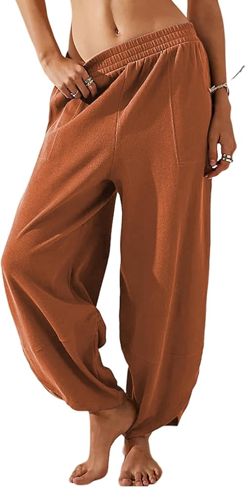 Xiaoxuemeng Womens Baggy Wide Leg Pants Casual Elastic Waisted Palazzo Harem Pants with Pockets | Amazon (US)