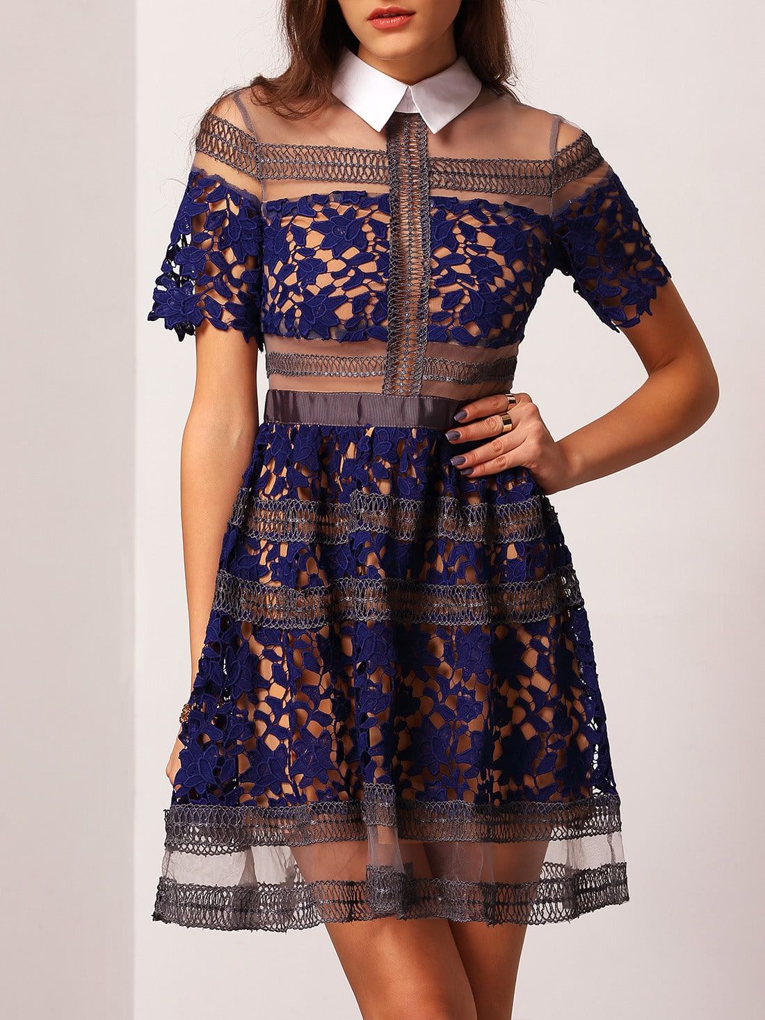 Blue Lapel Contrast Sheer Mesh Lace Dress | SHEIN