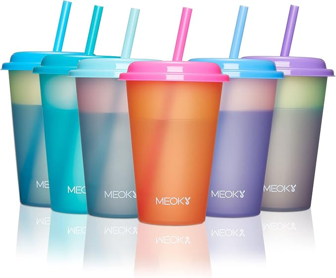 Meoky Color Changing Cups with Lids and Straws for Kids 6Pack 12oz Plastic Reusable Cold Drink Tu... | Amazon (US)