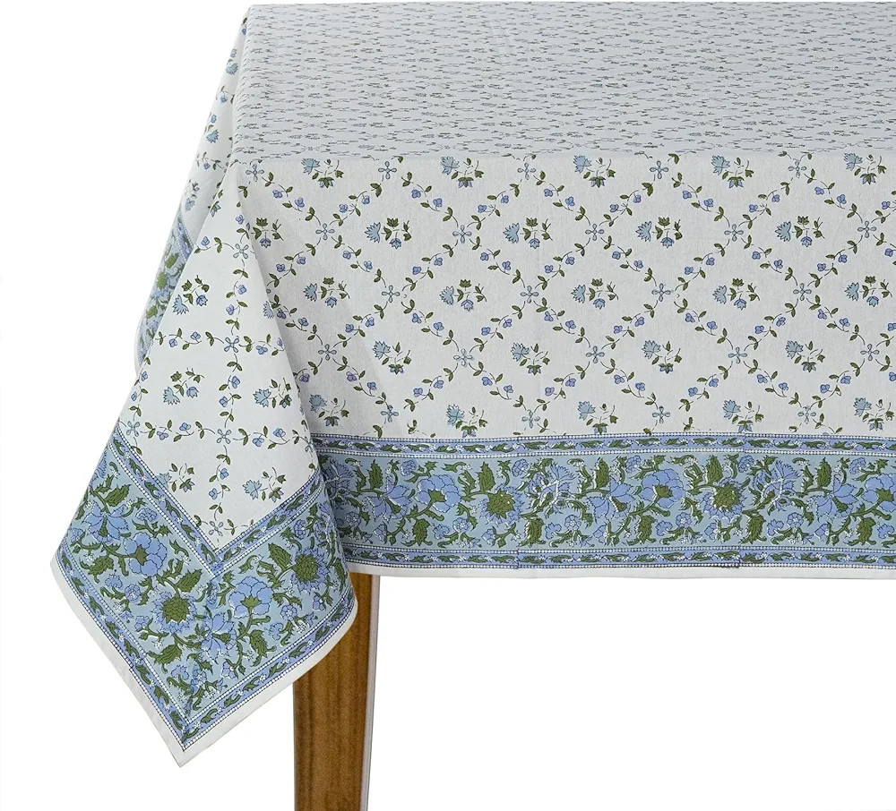 Ridhi Blue Block Print 100% Cotton 70 Inch x 108 Inch Decorative Washable Rectangle Tablecloth Ta... | Amazon (US)