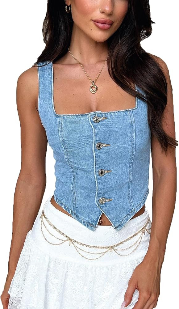 Women Vintage Y2K Denim Vest Sleeveless V Neck Button Down Cropped Jean Waistcoat Vest Retro Stre... | Amazon (US)