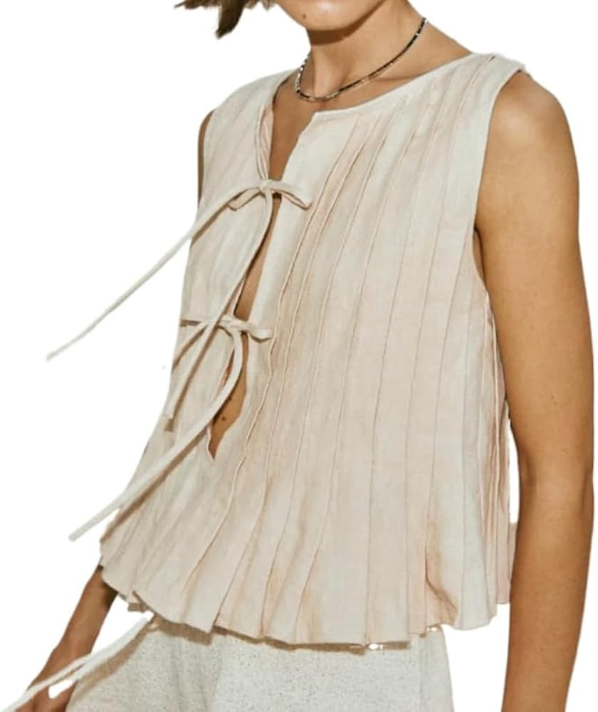 Linen Tank Tops for Women Coquette Sleeveless Bow Tie Front Peplum Blouse Y2K Babydoll Ruffle Shi... | Amazon (US)