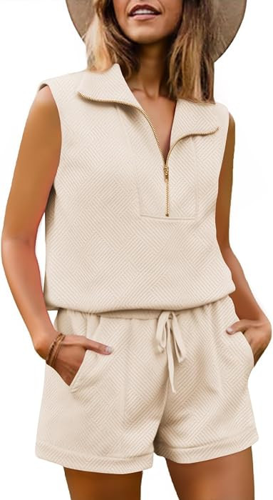Tankaneo Womens 2 Piece Outfits Short Sets Half Zip Sleeveless Tops and Drawstring Shorts Loungew... | Amazon (US)