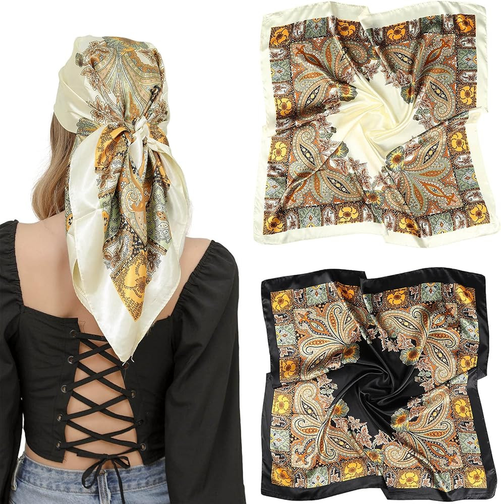 35” Large Satin Square Head Scarf - 2Pcs Silk Like Floral Head Scarves Square Satin Hair Scarf ... | Amazon (US)