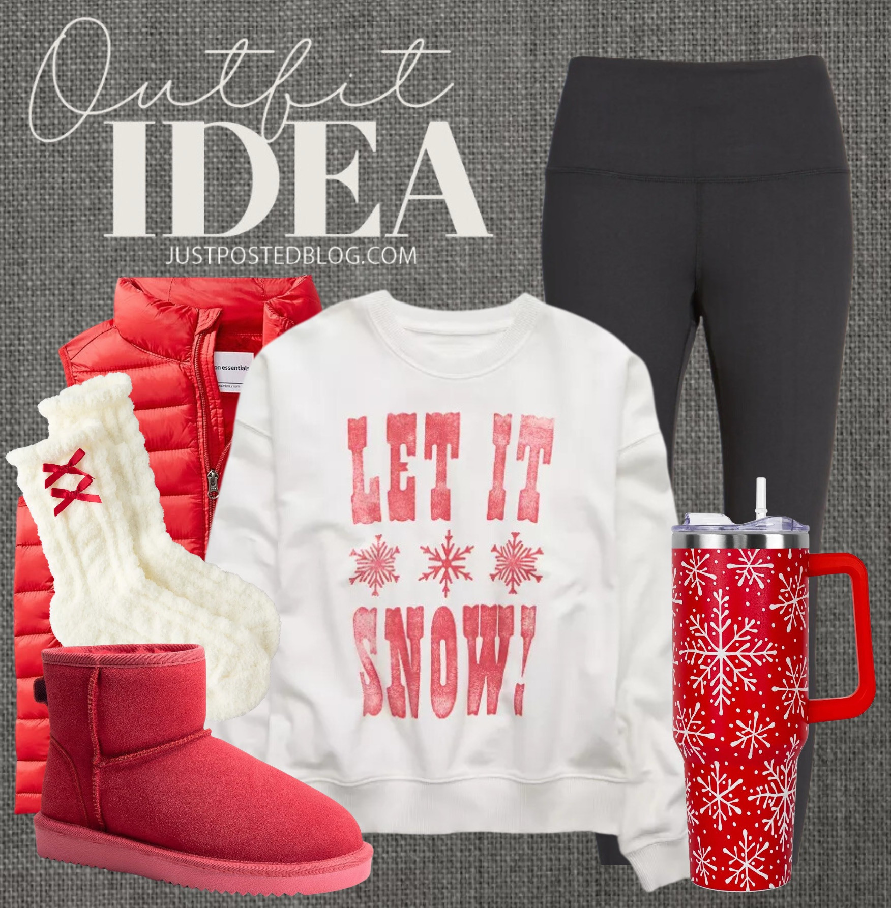 Comfortable winter outfit with a red vest, sweatshirt, black leggings, and red boots 

 #LTKHoliday #LTKSaleAlert #LTKFindsUnder50