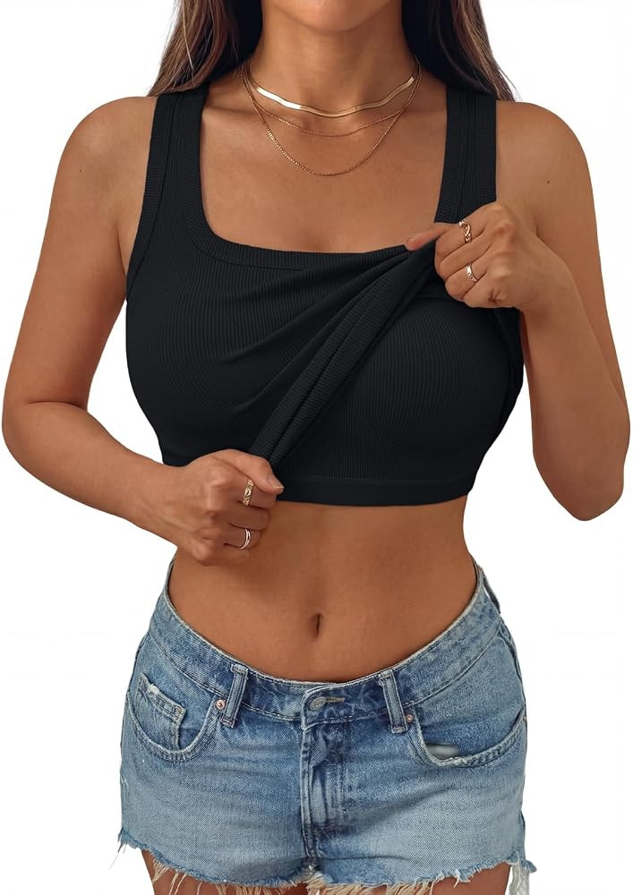 AUTOMET Women's Ribbed Tank Top with Built in Bra Scoop Neck Sleeveless Padded Basic Tops | Amazon (US)