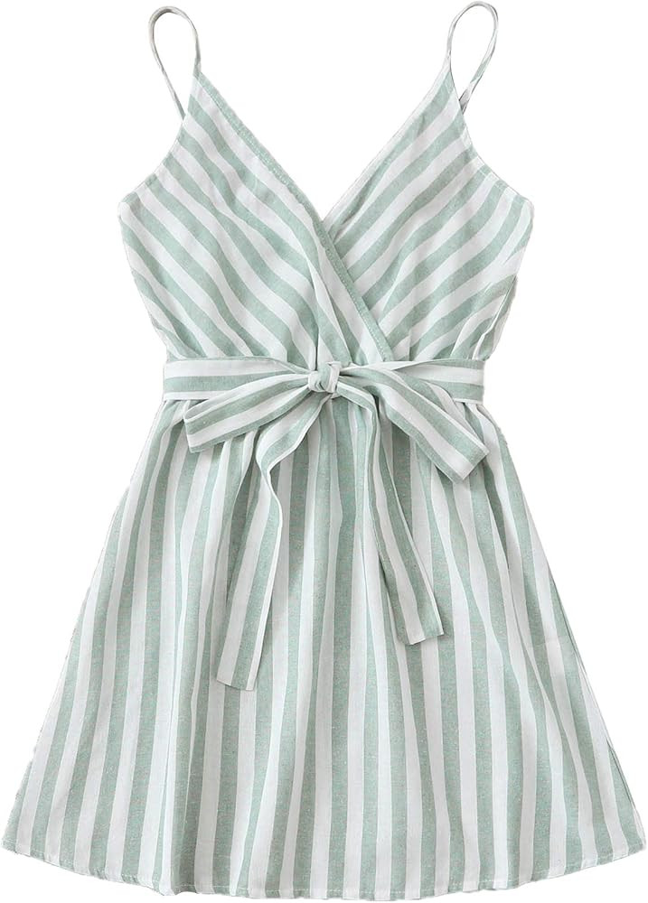 Romwe Women's Cute Sleeveless Striped Belted Wrap Summer Cami Tank Mini Dress | Amazon (US)