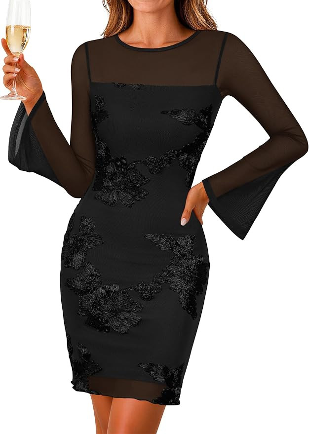 Lazysmile Womens Long Sleeve Floral Mesh Weeding Guest Short Dress | Crew Neck, Bodycon, Cocktail... | Amazon (US)