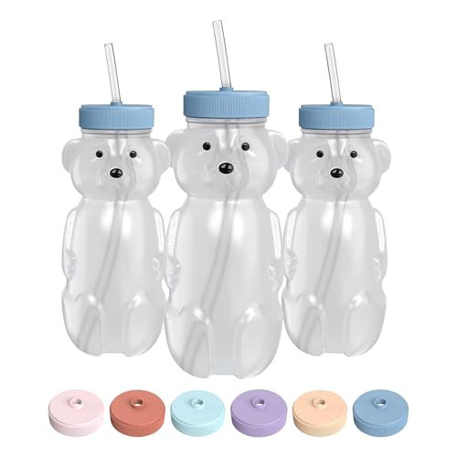 The 730 Project Honey Bear Straw Cup for Babies, 8-oz Honey Bear Cup with Lid, 3-Pack Therapy Learning Honeybear Straw, Baby Bottle Set, Blueberry Pie BLUE | Amazon (US)