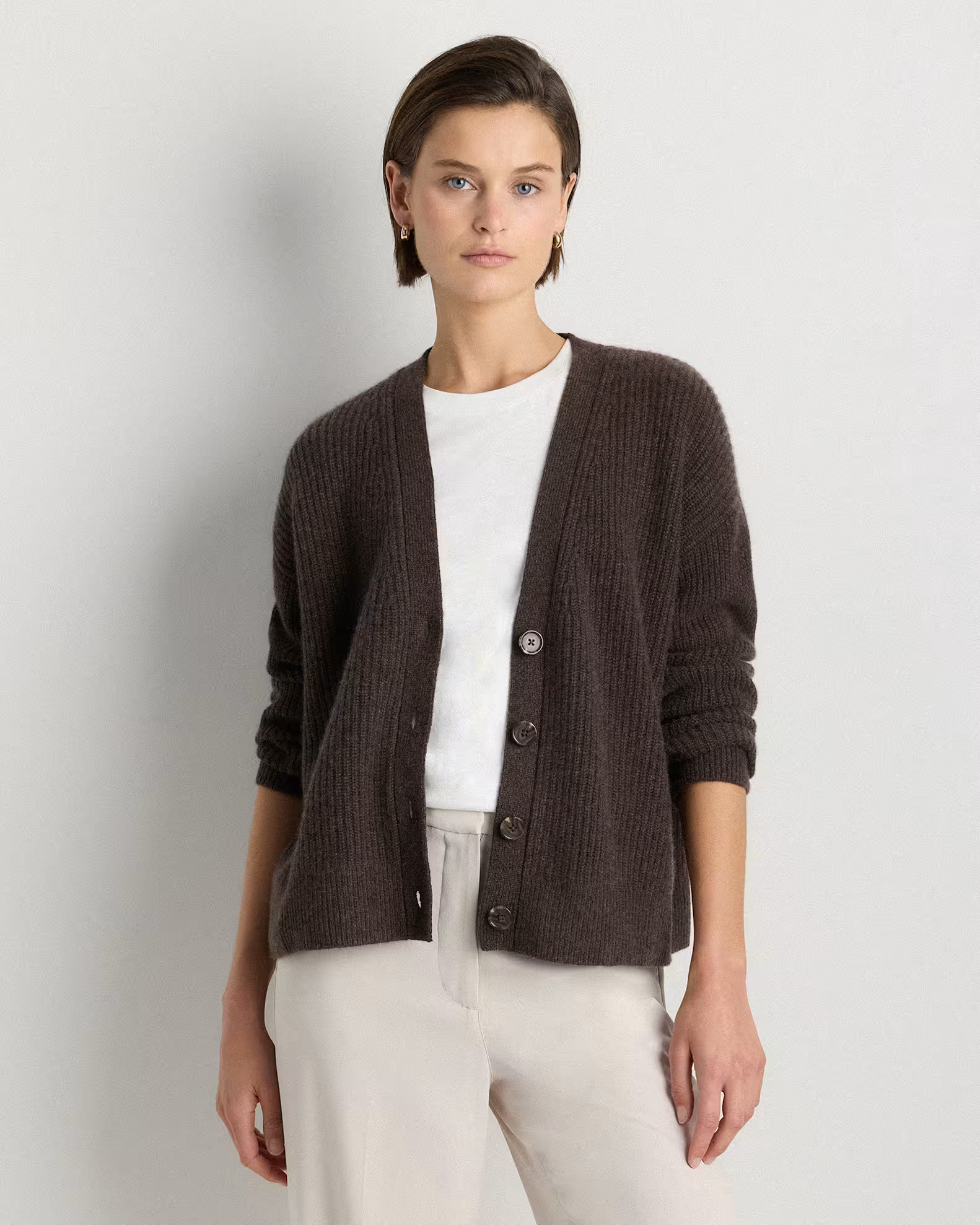 Mongolian Cashmere Fisherman Cropped Boxy Cardigan Sweater in Heather Truffle Brown | Quince