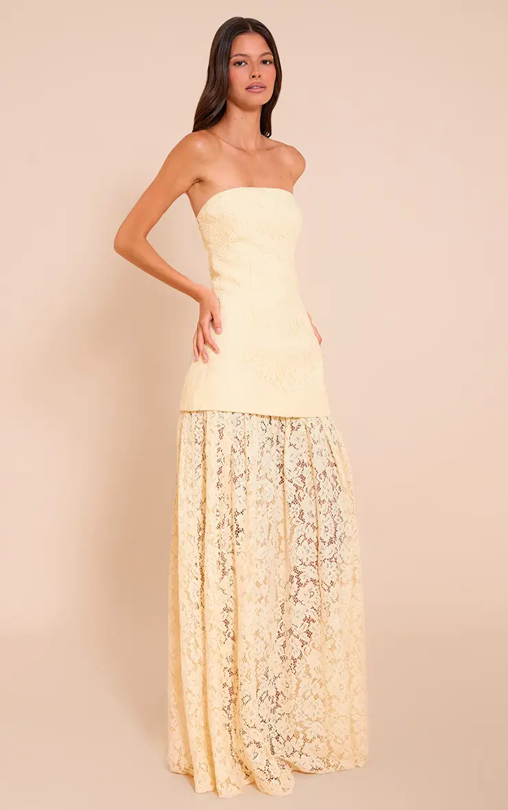 Lemon Lace Sheer Skirt Panel Bandeau Midaxi Dress | PrettyLittleThing US