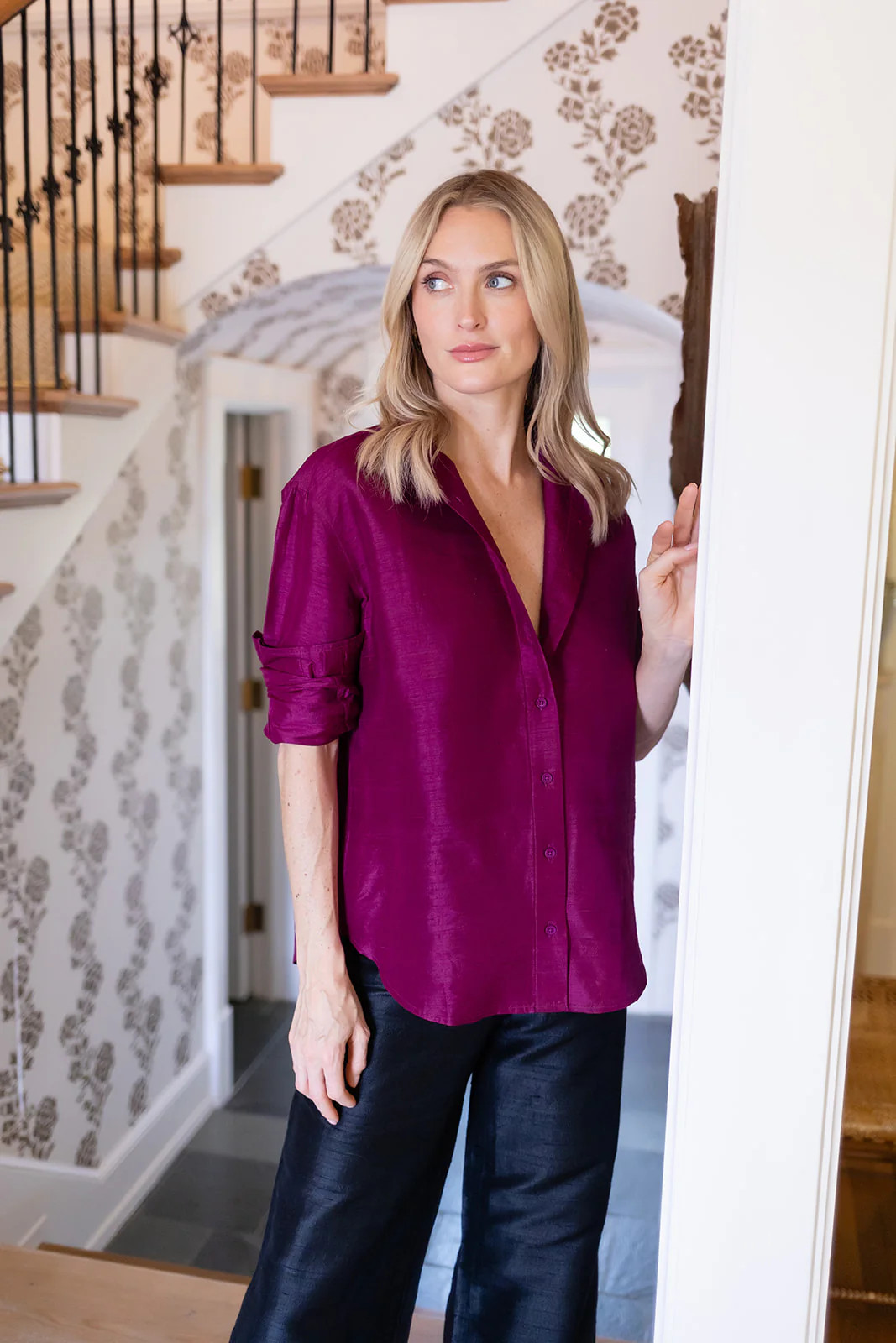 The Carolyn Shirt Dupioni - Aubergine | Julia Amory