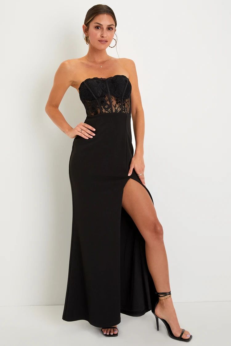 Sultry Persona Black Lace Strapless Bustier Mermaid Maxi Dress | Lulus