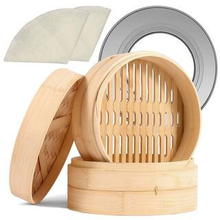 2-Tier 10 in. Bamboo Steamer Basket for Cooking Dim Sum, Natural Chinese Steam Baskets with Stainless Steel Ring Set | The Home Depot