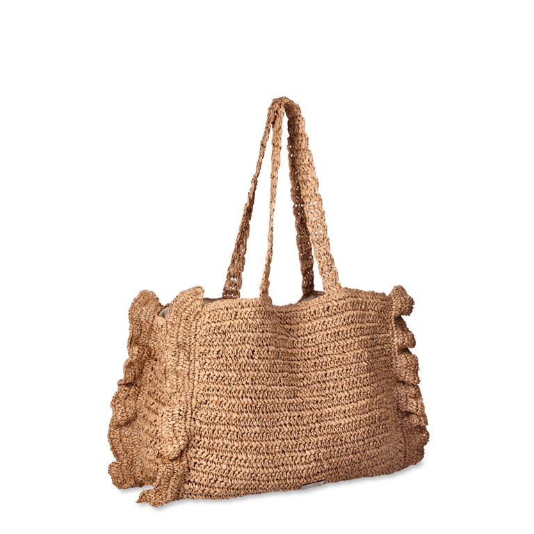 Time and Tru Women's Raffia Ruffled Tote, Natural | Walmart (US)