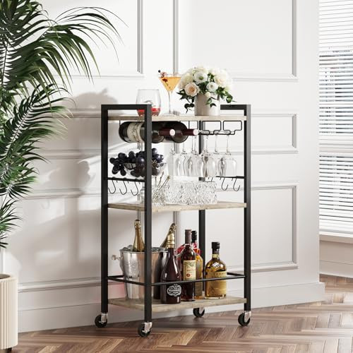 TUTOTAK Bar Cart, Home Bar Serving Cart, Small Wine Cart with 3-Tier Shelf, Beverage cart, Drink Cart with Wine Rack and Glass Holder, Rolling bar carts for The Home, Living Room, Greige BC01BG035 | Amazon (US)