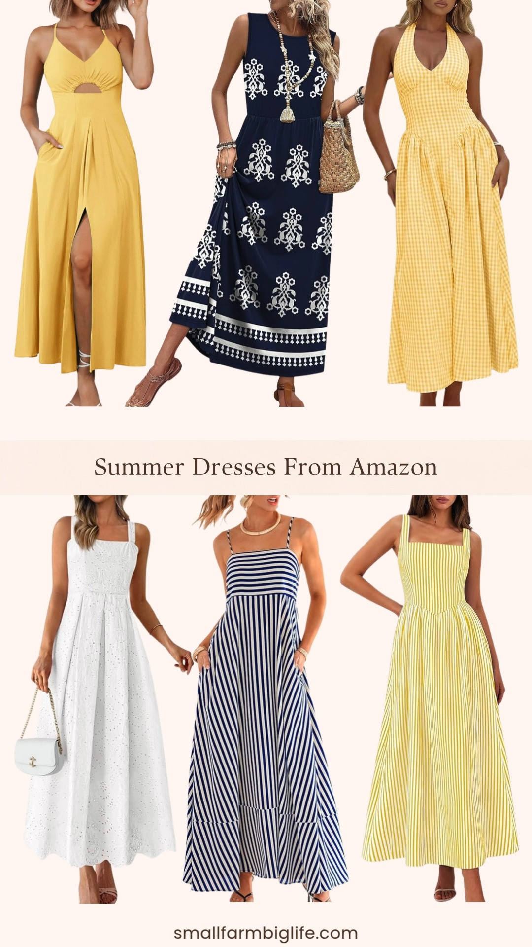 More summer maxi dress favorites from Amazon because I cannot get enough of this category right now! This round up has six more beautiful styles including a yellow and white striped smocked sundress, a navy and white patterned flowy maxi with pockets, a yellow cutout slit midi dress with pockets, a yellow gingham halter corset maxi with a tie back detail that would be stunning for a wedding guest look, a white hollow out eyelet square neck sundress with ruffles, and a classic navy and white striped CUPSHE square neck maxi with pockets. The yellow gingham halter and the white eyelet ruffle dress are two of my favorites in this round up for their elevated and unique details. All flowy, all beautiful, and all at Amazon prices. Tap to shop! 

 #LTKootd #LTKSeasonal #LTKOver40
