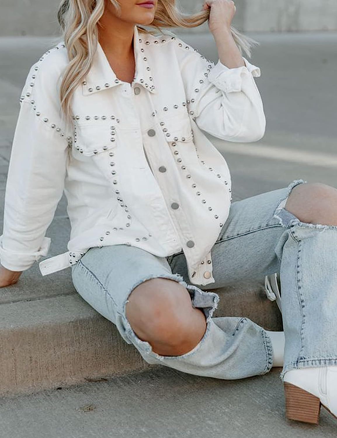 APAFES Women's Fashion Crop White Denim Jacket Distressed Western Studded Black Trucker Jacket | Amazon (US)