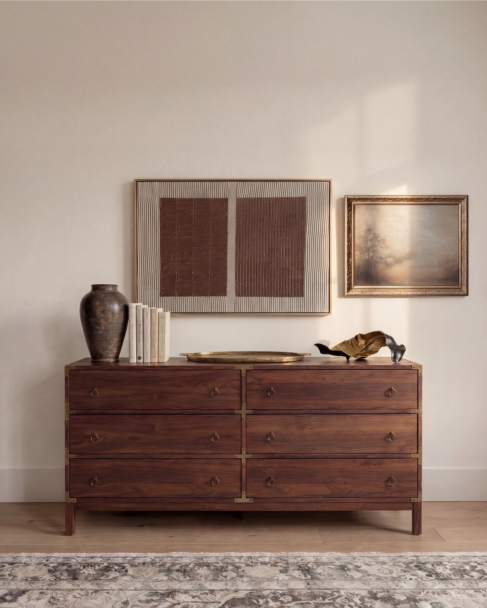 Shop the Look: Bedroom Refresh
Furniture & Decor
	•	Upholstered wood bed frame (cream fabric)
	•	White bedding set
	•	Chunky knit throw (camel)
	•	Patterned accent pillows (rust/brown)
	•	Wood nightstands
	•	Ceramic table lamps (black base, white shade)
	•	Curved brass-framed wall mirror
	•	Framed floral wall art above bed
	•	Upholstered boucle bench stools (set of two)
	•	Vintage-style area rug (neutral pattern)
	•	Wood dresser with brass corner details
	•	Decorative ceramic vase
	•	Stacked neutral books
	•	Brass decorative tray
	•	Sculptural brass object
	•	Framed artwork above dresser
	•	Exposed wood ceiling beams#LTKFindsUnder100

#LTKSaleAlert

#LTKsale #LTKhome