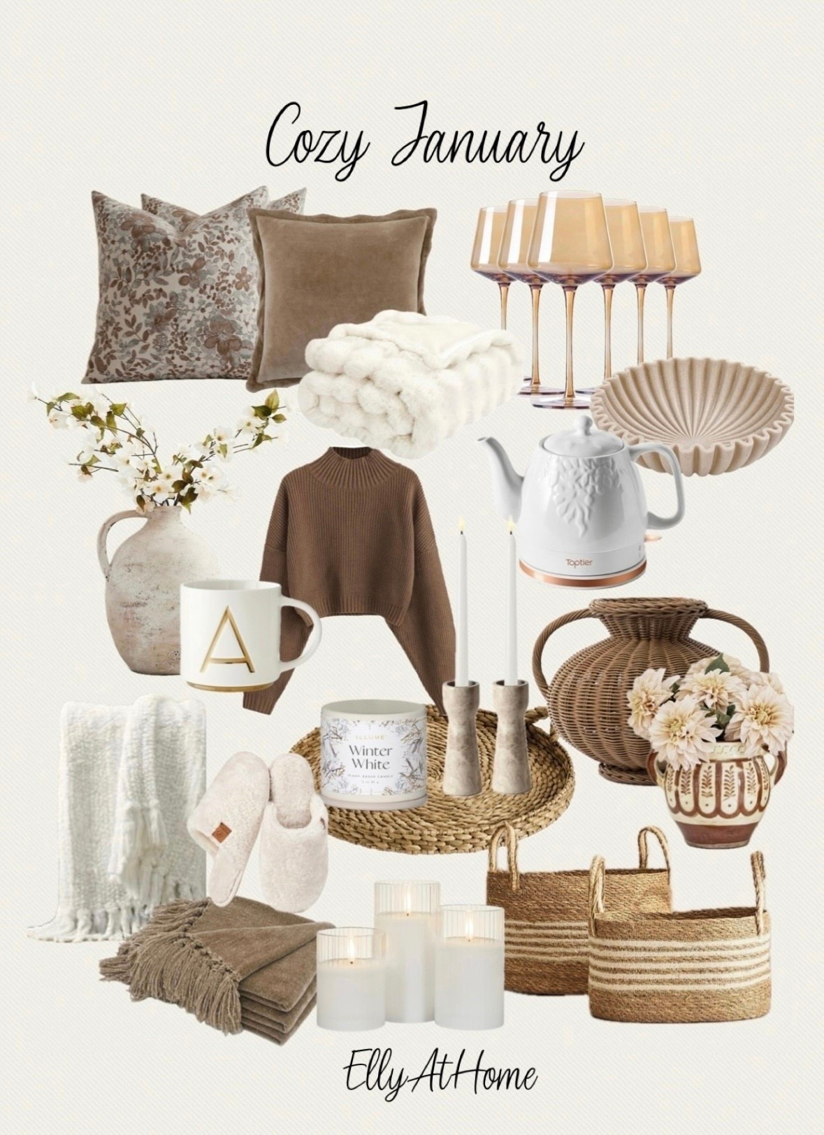 Cozy January neutrals. Many selections on sale! Shop sweaters, slippers, tray, blankets, throw pillows, best selling woven vase, candles and more. Many Amazon, Pottery Barn, Ballad Design, Target, Wayfair, Serena & Lily, McGee & Co. 

#LTKHome #LTKSaleAlert