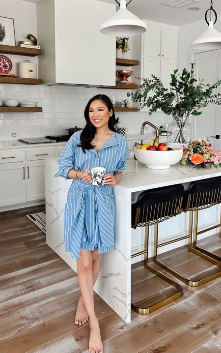 Smart casual workwear blue and white striped dress. Wearing size XS and it fits TTS! Linking kitchen decor, barstools, hardware, lighting and more 

#LTKstyletip #LTKworkwear #LTKhome