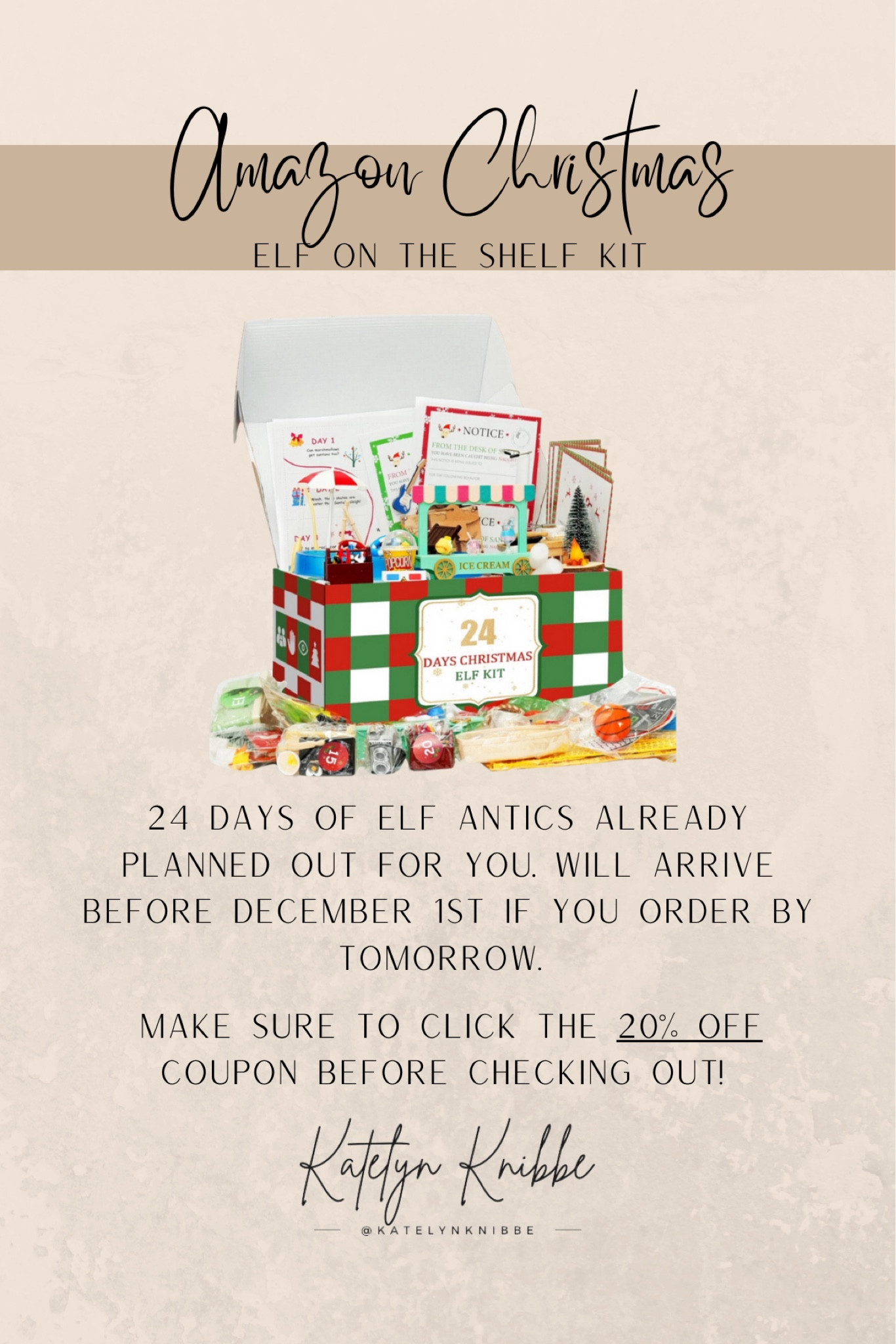 Elf on the shelf kit to make Christmas a little easier. 24 days of elf antics already prepared for you so that you don’t have to worry about it. Will still arrive before December 1st if it is ordered by tomorrow. On sale and 20% off coupon available. 

#LTKHoliday #LTKSaleAlert #LTKSeasonal