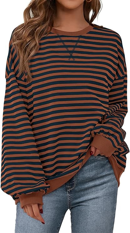 PRETTYGARDEN Womens Striped Oversized Sweatshirt Color Block Crew Neck Long Sleeve Casual Loose P... | Amazon (US)