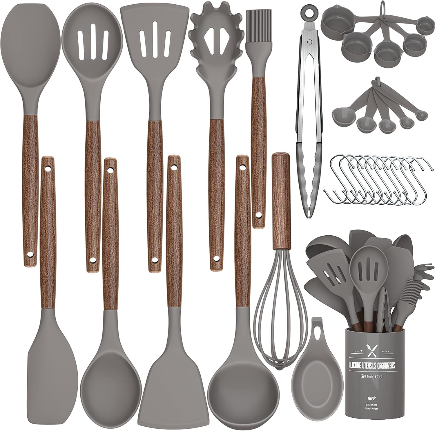 33 Pcs Silicone Kitchen Utensils Set, Kitchen Cooking Utensils Set with Black Natural Walnut Hard... | Amazon (US)