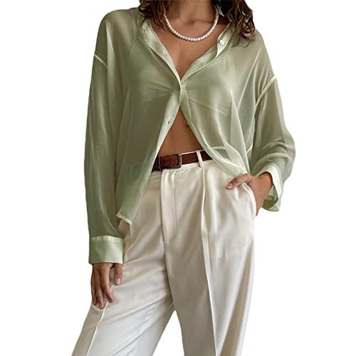 Women’s Sheer Button Up Shirt Y2K Long Sleeve Lapel V Neck Mesh Top Vintage See Through Basic Blouse Streetwear(A-Green, M) | Amazon (US)