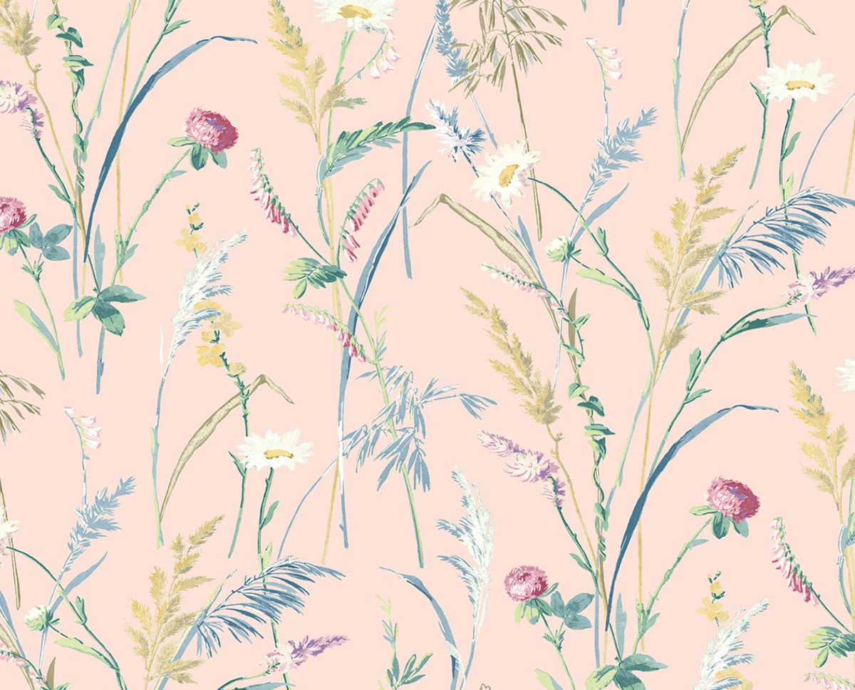Seabrook Meadow Flowers Lightly Pink Wallpaper | DecoratorsBest
