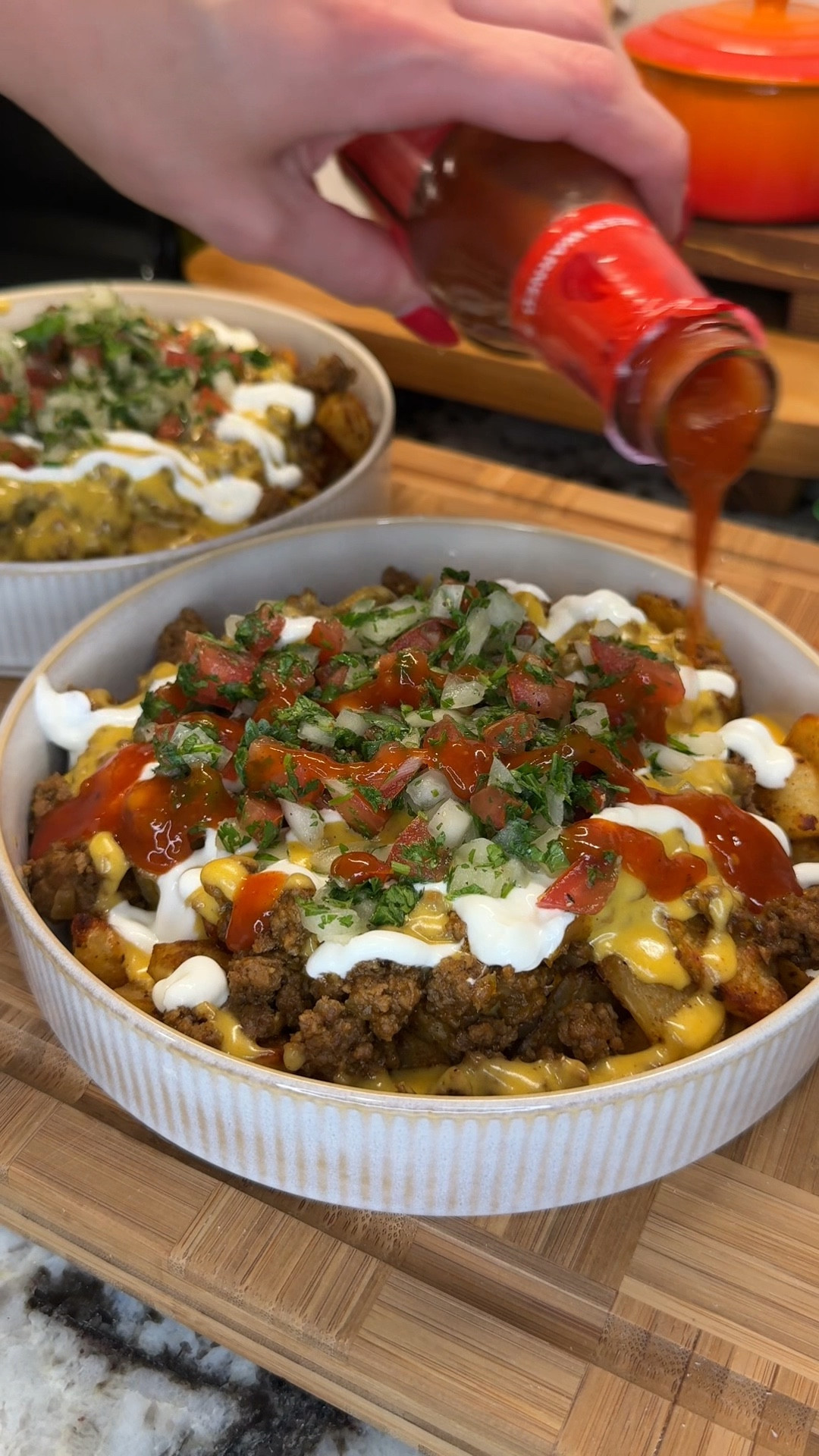 these loaded fiesta potato bowls are a total weeknight game-changer! like @tacobell cheesy fiesta potatoes but leveled way up- super flavorful & customizable for the whole fam🥔🌮🌿🌶️✨

Ingredients:
- 4-5 russet postatoes, peeled and sliced (add olive oil, onion powder, garlic powder, salt, pepper, chili powder & cayenne pepper)
*bake at 425°F for 45 minutes flipping every 15 minutes. crank the heat to 450°F and bake another 10-15 minutes until brown and crispy.
- 1.5 lbs ground beef
- 1 yellow onion (3/4 for meat, save 1/4 for topping)
- 1 package taco seasoning
- 2 cups water
- 2 tbsp butter
- 2 tbsp flour
- 1 tsp each salt, pepper, chili powder
- 1 cup milk
- 8 oz freshly grated mild cheddar cheese
- juice of 1 lime
- 1 Roma tomato, diced
- handful cilantro, chopped
- salt & pepper to taste
- Taco Bell sauce 

#LTKHome #LTKSeasonal #LTKFamily