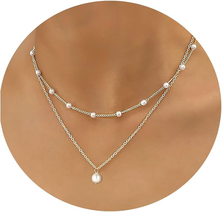 Gold Pearl Necklace for Women, 14K Gold Plated Layered Freshwater Pearl Necklaces for Women Trend... | Amazon (US)