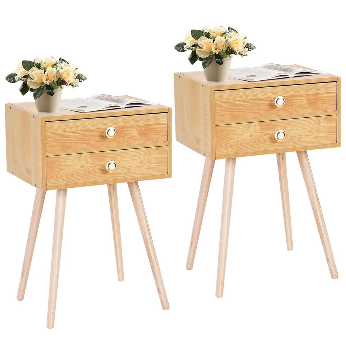 Costway Mid Century Modern 2 Drawers Nightstand In Natural Sofa Side Table End Table | Walmart (US)