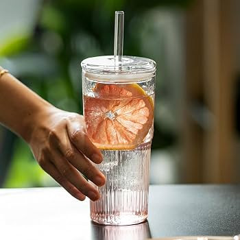 4 Packs 22 oz Glass Cups with Lids and Straws, Ribbed Glass Coffee Mug, Tumbler Water Glass, Reus... | Amazon (US)