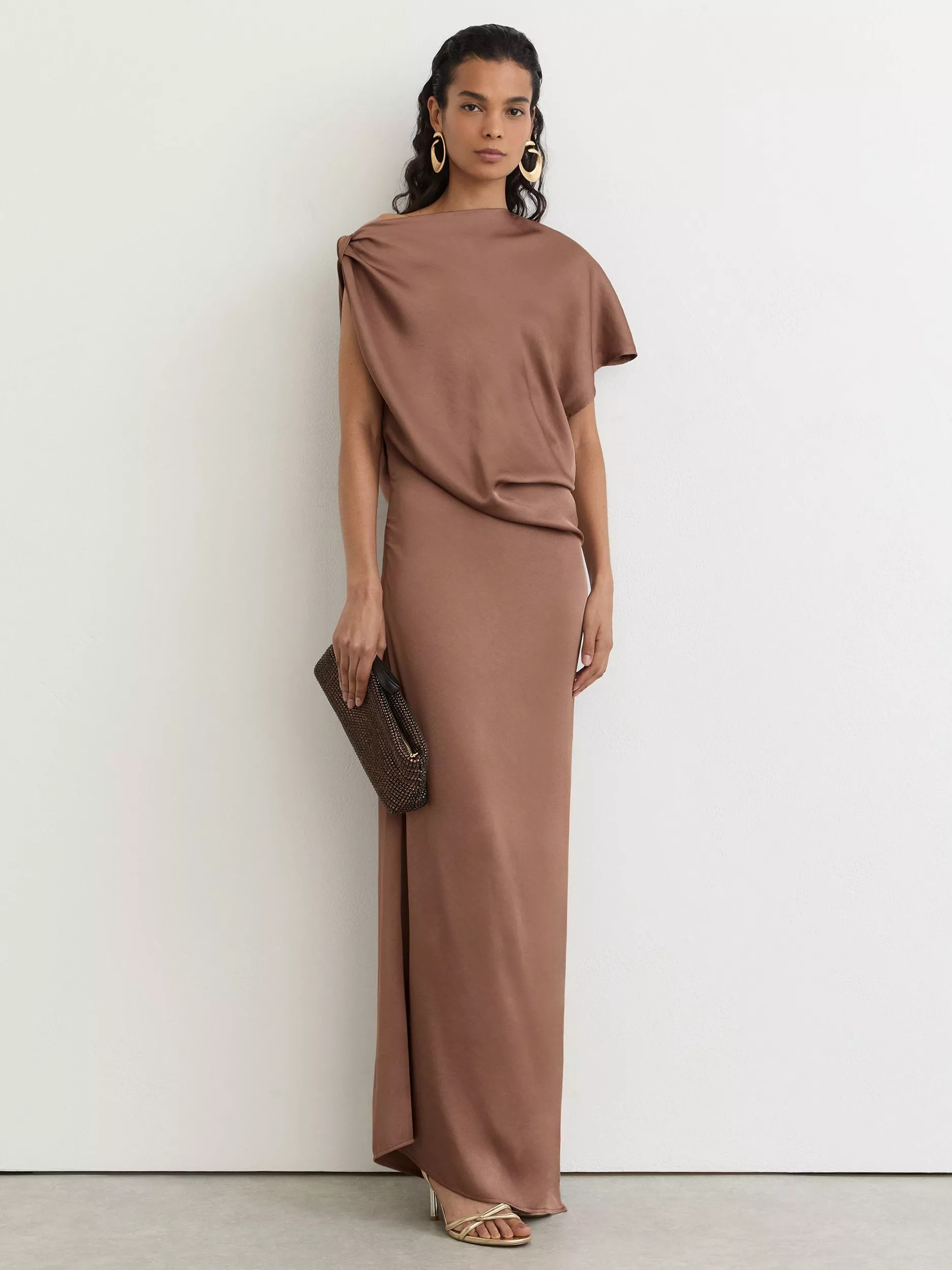 Reiss Paige Satin Asymmetric Draped Maxi Dress, Taupe Brown | John Lewis (UK)