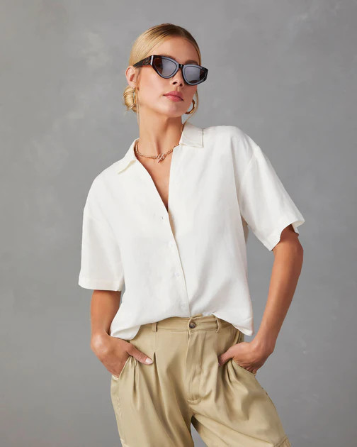 Tofino Short Sleeve Button Up Top - White | VICI