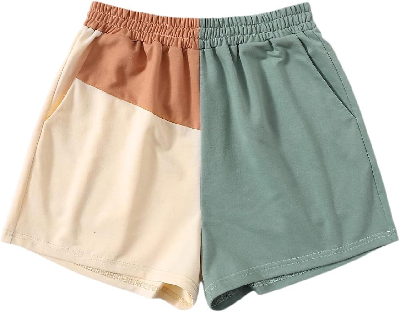 SOLY HUX Women's Casual Elastic Shorts Running High Waisted Color Block Sweat Shorts with Pockets | Amazon (US)