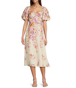 Alex Marie Monroe Floral Short Puff Sleeve Sweetheart Halter Tie Neck A-Line Midi Dress | Dillard... | Dillard's