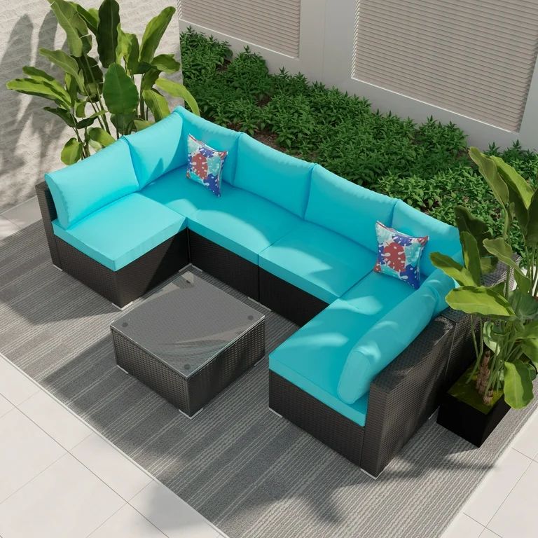 Ainfox 7 Pcs Outdoor Patio Furniture Sofa Set on Sale, Black-Blue | Walmart (US)