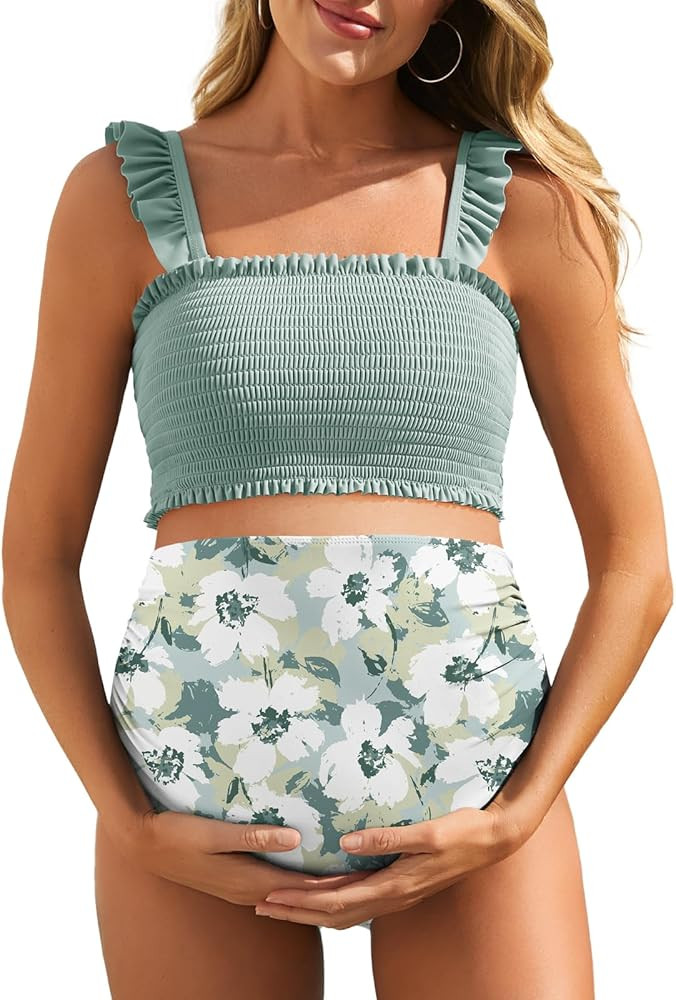 Summer Mae Maternity High Waist Bikini Swimsuit Two Piece Ruffled Hem Cute Bathing Suit Floral Pr... | Amazon (US)