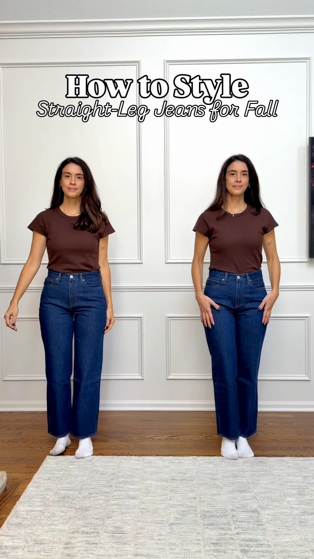 Straight-leg jeans outfit ideas for Fall 🤎 Easy ways to style straight-leg denim with flats, ankle boots, sneakers, sweaters, cardigans and trench coats. I’m 5'6" wearing a size 27 with a 28" inseam.