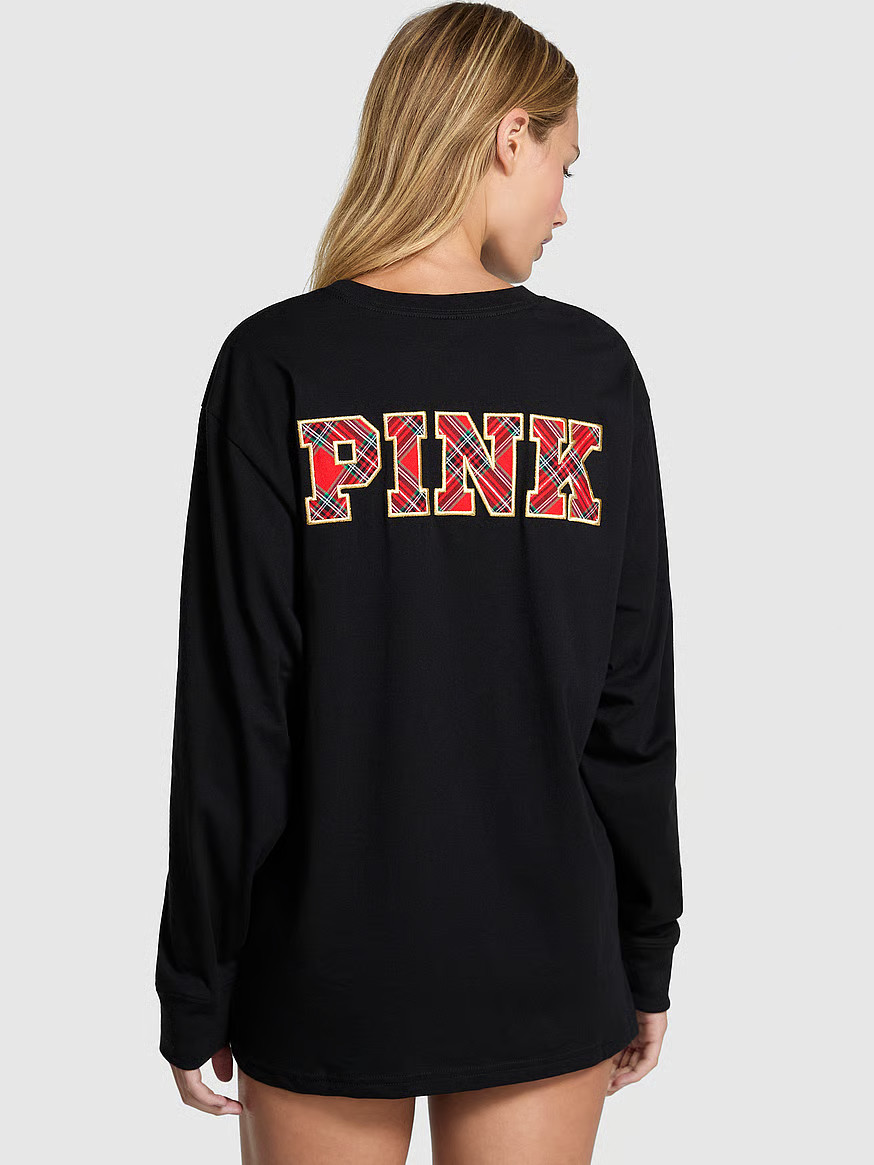Buy Campus Cotton Long-Sleeve Tee, Pure Black Santas Fav - Order Tops online - PINK US | Victoria's Secret (US / CA )