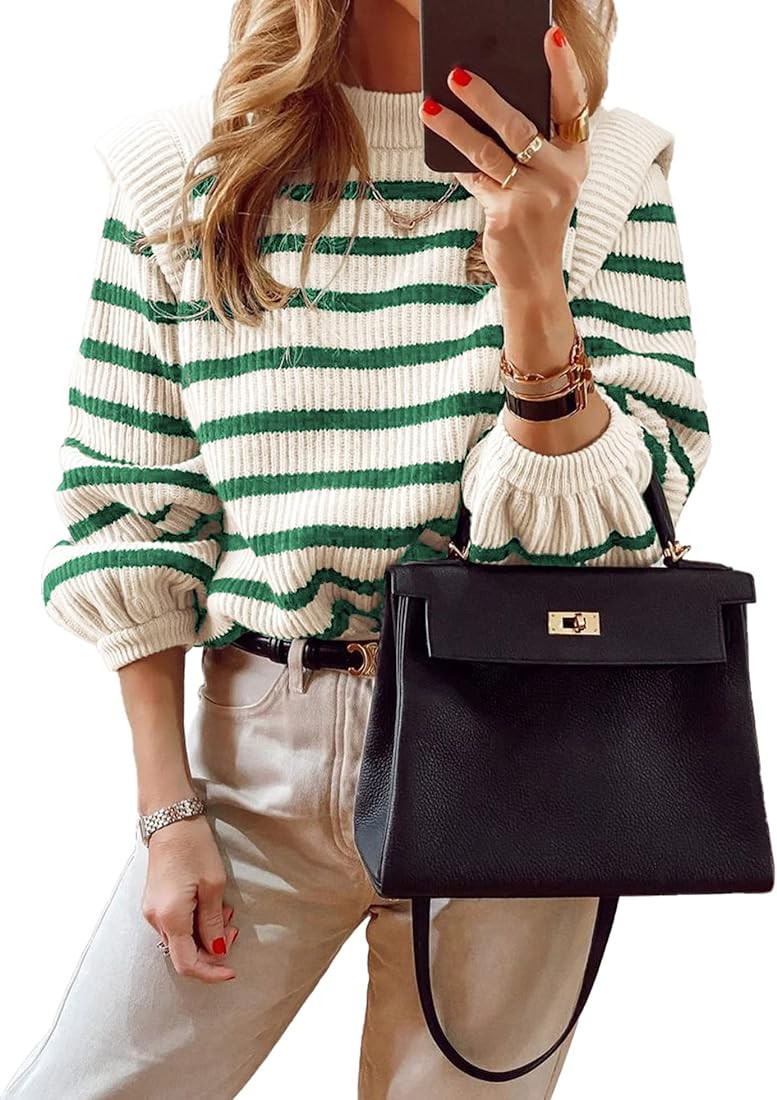PRETTYGARDEN Women's Sweaters Casual Long Lantern Sleeve Crewneck Ribbed Knit Pullover Striped Ju... | Amazon (US)