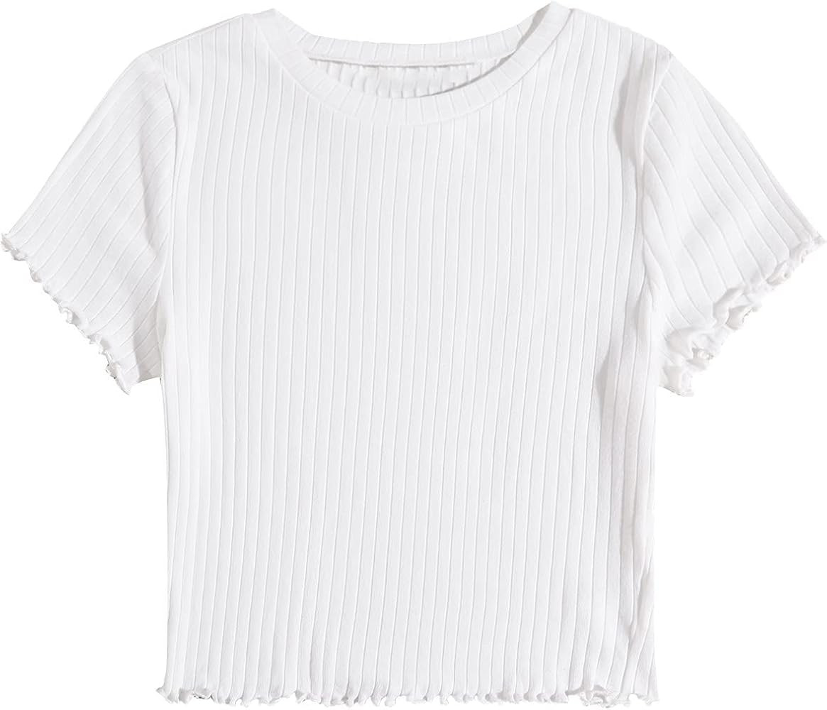 Floerns Women's Solid Lettuce Trim Rib Knit Short Sleeve Crop Tops Tee Shirts | Amazon (US)